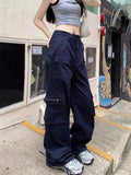 PICSGIRL  -  Korean Style Cargo Pants Women Y2K Vintage Drawstring Navy Blue Trousers Harajuku Oversized Streetwear Retro Wide Leg Sweatpants