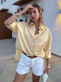 PICSGIRL  -  Summer Women's Fashion Yellow Stripe Shirt Casual Single Breasted Long Sleeve Blouses Female Elegant Lapel Loose Tops