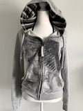 PICSGIRL  -  Y2K Zipper Gothic Letter Printed Fur Collar Hoodie Slim Fit Comfortable Casual Grey Sportswear Warm Top Women Cardigan