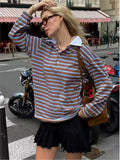 PICSGIRL  -  Striped Vintage Long Sleeve T-shirt Women Autumn New Turndown Collar Button T-shirts 2024 Streetwear Fashion Pullover Tops Tees