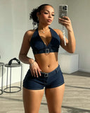 PICSGIRL  -  Women Denim Two Piece Set Diamonds Buckle Belt Lace Up Halter Tank Crop Tops + Shorts Summer Casual Jeans Suits Streetwear