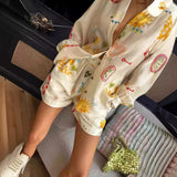 PICSGIRL  -  Women Fashion Elastic Waist Two Piece Sets Elegant Floral Print Lapel Long Sleeve Top Short Pants Suit Casual Holiday Outfits