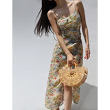 PICSGIRL  -  Retro Floral Suspender Dress Women Holiday Style Slim Fit Sleeveless Slit Hem Dress Summer 2024 New Elegant Party Dresses