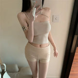 PICSGIRL  -  French Hot Girl Casual Suit Women's Summer Pure Sexy Knitted Strap Camisole Top High Waist Stretch Shorts Fashion Two-piece Set