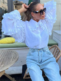 PICSGIRL  -  Ruffle Loose Women Shirts 2024 Cotton Long Sleeve Elegant White Tshirt Ladies Street Casual Holiday Baggy Cover Up Female