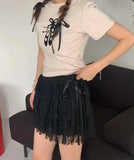 PICSGIRL  -  Chic Sweet A-line Embroidery Lace Short Skirt For Women 2024 New Fashion Elastic Wasit Bow Casual Solid Female Summer Mini Skirt