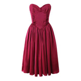 PICSGIRL  -  Sexy Elegant Women Wine Red Strapless Dress Fit And Flare Evening Party Dresses Christmas  Robe