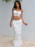 PICSGIRL  -  Fashion Pleated Skirt Two Piece Sets Women Sleeveless Crop Tops And Long Skirt Femme Solid Lace-up Two Piece Sets