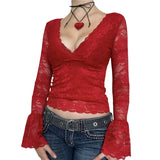 PICSGIRL  -  Slim Fitting Lace Top Y2k Clothing Women's Perspective V-neck Long Sleeved T-shirt Fairy Sexy 2000s Street YDL04