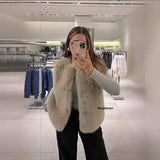 PICSGIRL  -  Casual Faux Fur Plush Vests Women Loose Round Neck Sleeveless Waistcoats Female 2024 Autumn Winter Fashion Solid Outwears Lady