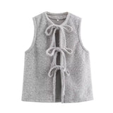 PICSGIRL  -  Bow Tied Vests Women Round Neck Short Casual Sleeveless Vest Jacket Woman Waistcoat Streetwear New Women Outerwear 2025 Spring