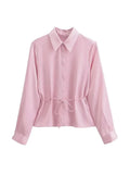 PICSGIRL -  Spring Elegant Pink Turn-Down Collar Blouse for Woman Casual Long Sleeves Lace-Up Female Chic Single Breasted Shirt Top