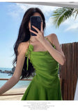 PICSGIRL  -  Summer Green Sleeveless Slip Sexy Club Vacation Elegant Pleated Mini Dress 2024 New Fashion Party Y2K Dresses  Women Streetwear