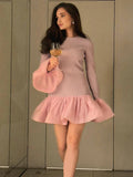 PICSGIRL  -  Knitted Mini Dress Female Long Sleeves Gown Flare Sleeves Spliced Autumn Winter Dress A-Line Sweet Bodycon Women Clothes