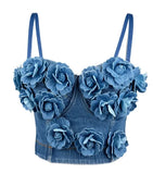 PICSGIRL  -  2025 Women's Handmade 3D Floral Denim Corset Bra Top Fishbone Bustier No Elasticity Push Up Bra Sexy Bralette Lingerie