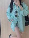 PICSGIRL  -  Green long sleeved striped shirt for women in 2024, new spring thin style outerwear sun protection cardigan shirt jacket