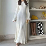 PICSGIRL  -  White Knitted Ruffle Long Dress Women's Elegant O-Neck Long Sleeve Evening Gown Slim Backless Bandage Long Dress Robe