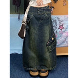 PICSGIRL  -  Autumn Women Blue Denim Pocket Half Body Skirt High Waist Casual Korean Mid Length Baggy Vintage Y2K Straight Denim Long Skirt