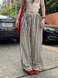 PICSGIRL  -  Classic Striped Wide Leg Pant Women High Waist Drawstring Elastic Waist Loose Casual Pants 2024 New Korean Fashion Thin Trouser