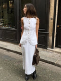 PICSGIRL  -  Summer Slim White Cotton Two Piece Set Women Outfit Elegant Sleeveless Tops With High Waist Long Skirts Sets