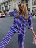 PICSGIRL  -  Women's Oversized Striped Shirt Pants Suit Lapel Long Sleeves Top High Elastic Waist Pockets Straight Leg Pant Female Set