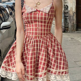 PICSGIRL  -  Vintage Sweet Red Plaid Dress for Women Kawaii Elegant French Style Bow Lace Party Mini Dress Retro Lolita Pleated Dress