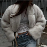 PICSGIRL  -  Solid Fluffy Faux Fur Thick Coat Women Fashion Warm Lapel Long Sleeve Short Jacket 2024 Autumn Winter Lady High Street Outerwear