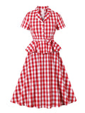 PICSGIRL  -  party look snspos 2025 New Vintage Elegant Red Gingham Cotton Midi Dresses for Women Notched Collar Buttons Belted 1950s Retro Plaid Peplum Dress