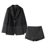 PICSGIRL  -  Rhinestone Blazer Shorts Sets Women 2 Pieces Elegant Black Lapel Full Sleeves Coat Sequin Short Pant Suit Ladies Commute Outfits