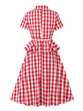 PICSGIRL  -  party look snspos 2025 New Vintage Elegant Red Gingham Cotton Midi Dresses for Women Notched Collar Buttons Belted 1950s Retro Plaid Peplum Dress