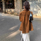 PICSGIRL  -  Vintage Suede Blazers Coat Women Loose Lapel Single Breasted Long Sleeve Pockets Jacket 2024 Autumn New Lady High Street Outwear