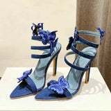 PICSGIRL  -  Embroidery Butterfly Ankle Strap High Heeled Sandals Women Sexy Pointed Toe Gladiator Heels Summer Party Dress Shoes Denim Blue