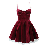 PICSGIRL  -  Lace Trim Wine Red Sling Mini Dresses For Women A-line Slim Birthday Party Dress Sexy Elegant Christmas Robe