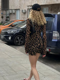 PICSGIRL -  Sexy Leopard Print Slim Mini Dress For Women Elegant Round Neck Long Sleeves Short Skirt Vestidos Fashion Female High Streetwear