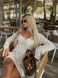 PICSGIRL  -  Solid Hollow Out Knitted Beach Dress Women 2024 New V Neck Long Sleeve Lace-up Vestidos Summer Sexy Fashion Holiday Mini Dresses