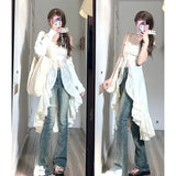 PICSGIRL  -  Chiffon Fashion Outfits 2 Piece Skirt Set Gyaru Chic Sexy Spaghetti Strap Dress + Beige Long Tops Ruched Mori Girl Simple 2024