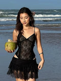 PICSGIRL  -  Sexy Lace Two-Piece Set Women See Through Sleeveless Bodysuit+Patchwork Mini Skirt Midnight Beach Party Matching Suit