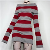 PICSGIRL  -  Striped Knitted Sweater Mini Dress 2024 Fall Winter Women Boat-neck Off Shoulder Long Sleeve Bodycon Casual Dresses Party Outfit