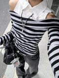 PICSGIRL  -  Japanese Spring Autumn High Street Spliced Design  Tops Y2k Aesthetic Harajuku Punk Constrast Color Striped Shirts Girl Clothes