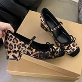 PICSGIRL  -  Leopard Print Square Toe Bow Mary Jane Shoes Woman Fashion Pumps Female Casual Chunky Heel Ballet Shoe Designer High Heels Women