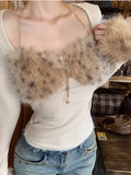 PICSGIRL  -  Trendy Leopard Print Fur Stitching Long-sleeved European American Slim Fit Versatile T-shirt Autumn and Winter Harajuku Y2k Tops