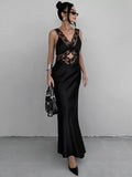 PICSGIRL -   Lace Slim Maxi Dresses For Women Clothing Deep V Neck Sexy High Wasit Long Dress Party Fashion Evening Dress Woman