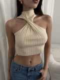 PICSGIRL  -  Cross-Chest Off-shoulder Knitwear Vest Top For Women Summer Hot Girl Slim Sleeveless Twist Navel Short Top Y2K Pullover