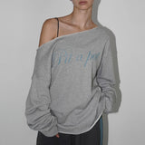 PICSGIRL  -  Letter Print Long Sleeve Skew Collar Loose Casual Irregular T-Shirt Fashion Vintage Tops Autumn Streetwear Sweatshirt