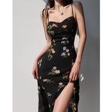 PICSGIRL  -  Women's Fashion Printed Dress Sexy Slim Fit Suspender Dress Summer New Backless Lace-Up Slit Skirt