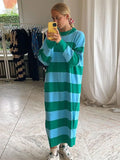 PICSGIRL -  Striped Contrast Color Female Knitted Dress O-neck Long Sleeved Loose Knit Robes New Sweet Casual Streetwear Maxi Dresses