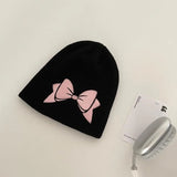 PICSGIRL  -  Autumn Winter Bow Embroidery Knitted Hats Women Girls Fashion Pink Bow Warm Adult Beanie Hat Korean Skullies Caps Female Bonnet