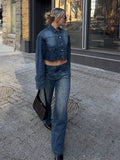 PICSGIRL  -  Lapel Single-breasted Woman's Denim 2 Piece Sets Vintage Soild Waistless Denim Short Tops Straight Baggy Low Rise Jeans Pants