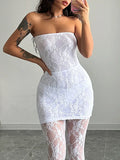 PICSGIRL -  White Mini Dresses Women Sexy Lace See Through Strapless Dress With Leggings Female Elegant Fashion Party Club Bodycon Jumpsuits