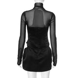 PICSGIRL  -  Sexy Women Mesh Turtleneck Mini Dress Fashion Patchwork Long Sleeve Satin Cut Out Dress Bodycon Short Club Party Dresses